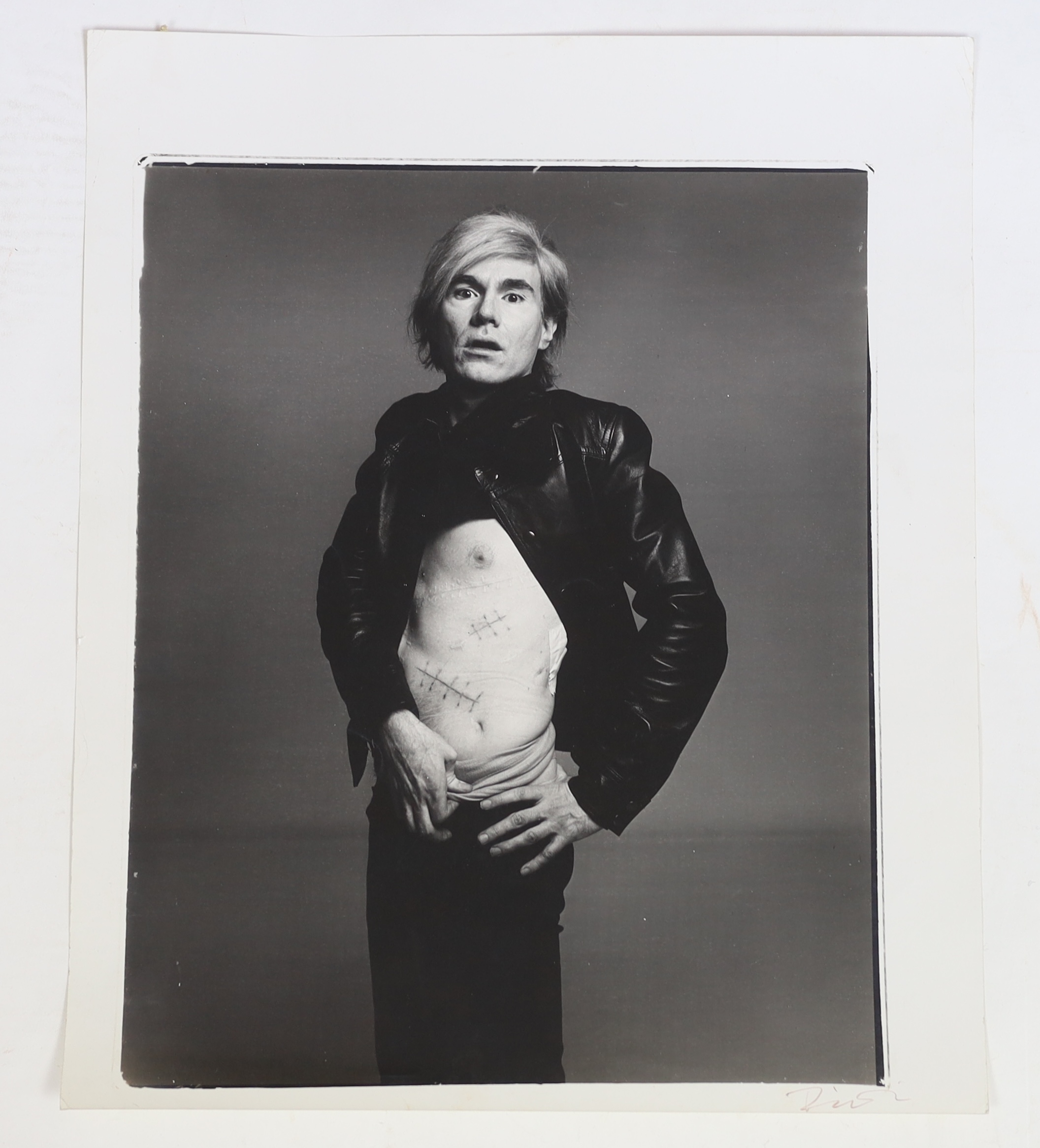 Richard Avedon (American, 1923-2004), Andy Warhol with surgery scars, black and white photograph, sheet 43 x 36cm